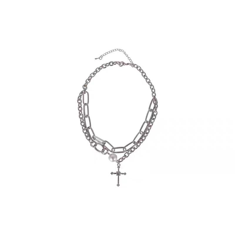 

Tooxika Diamonds Cross Double Stacked Band Necklace Women Cold Wind Necklace Fashion Collarbone Chain