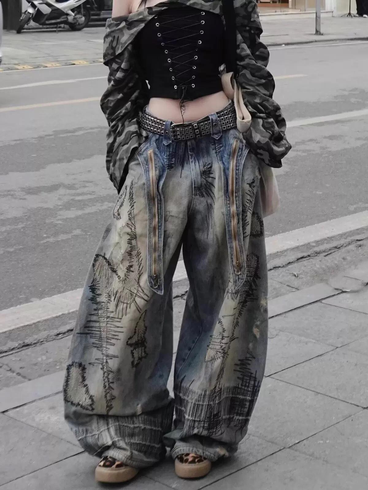 Women s Distressed Retro Scimitar Jeans with Random Stitch Embroidery - Summer 2025 Collection Medium