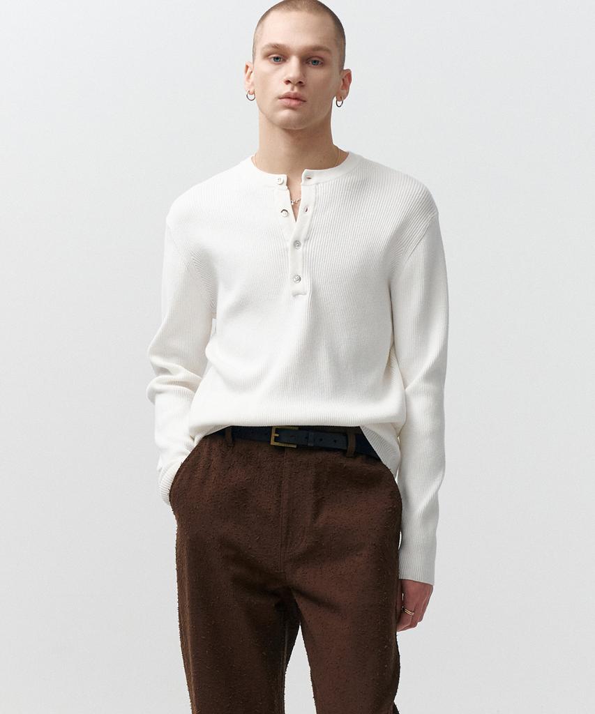 NOIRER Cotton Ribbed Henley Neck Knit (Ivory)