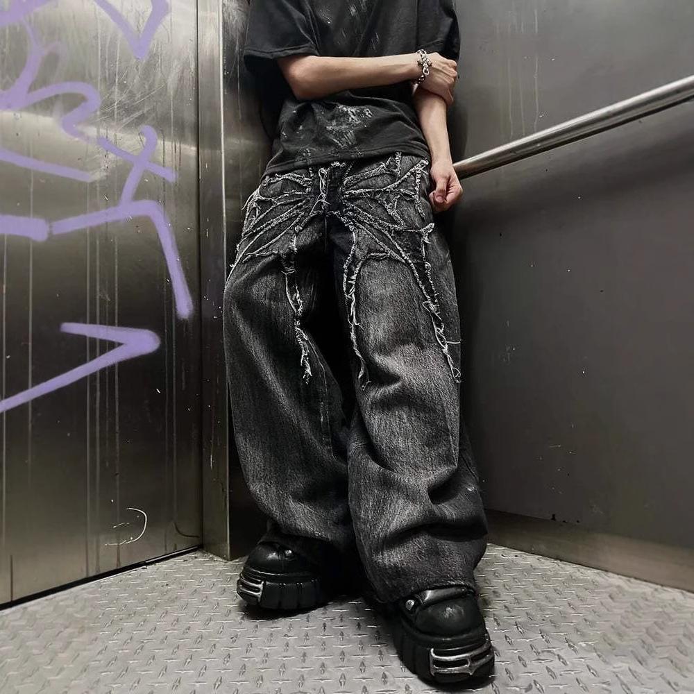 Gothic Retro Oversized Baggy Fit Unisex Mopping Pants Y2K Phantom Jeans High Street Spider Embroidered Patch Hip Hop Streetwear
