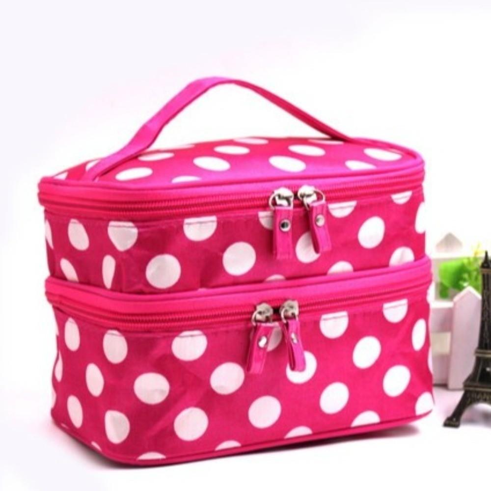 Fashion Double-layer Makeup Bag Large Capacity Polka Dots Travel Makeup Case Portable Travel Toiletries Organizer