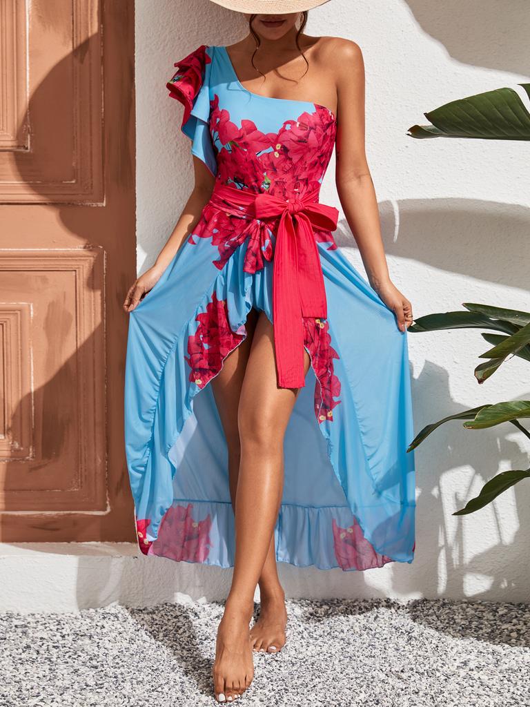 Ashgaily Ruffle One Piece Swimsuit Women Swimwear with Belt Push Up Monokini Swim Suit Print Bathing Suit Beachwear