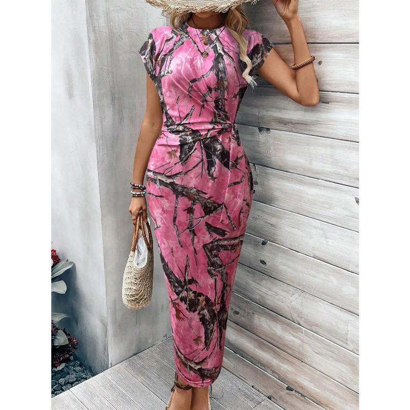 Temperament eleganter Taillenriemen gestreifter Rundhalsausschnitt Kurzarm langes Kleid Sommer Damen High-End Damenbekleidung Rock