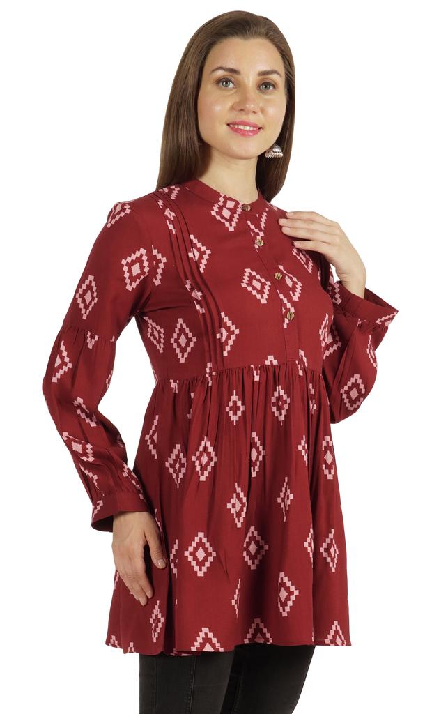 Moomaya Printed Womens Full Sleeve Tunic Mandarin Collar Fit & Flare Long