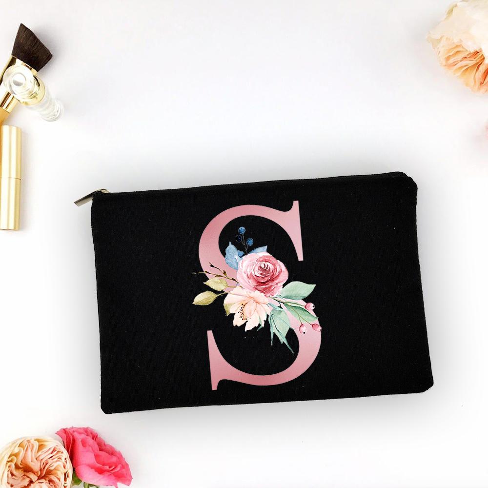 Pink Alphabet Flower A-Z Makeup Bag Make Up Pouch Women Shopping Travel Cosmetic Storage Lipstick Bags Large Capacity Organizer