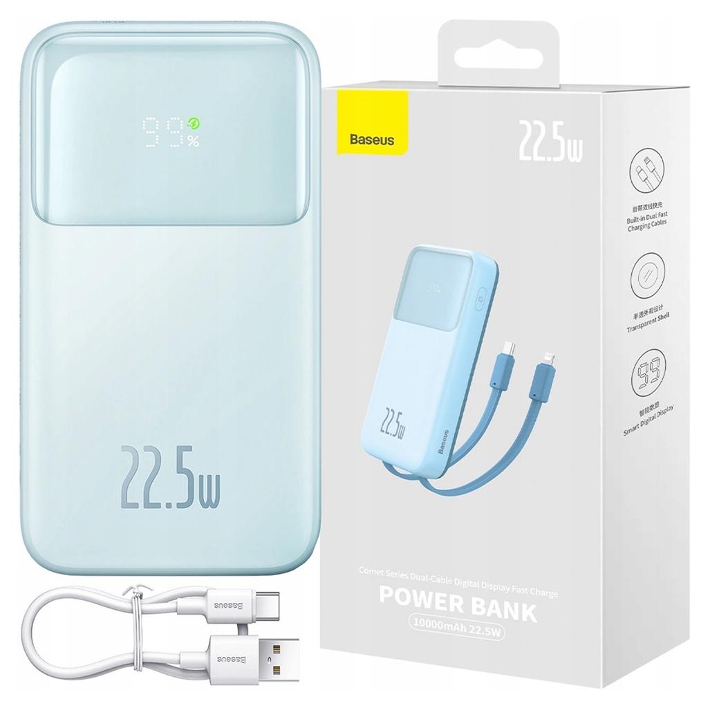 Powerbank Baseus Comet Series with Display 10000mAh 22.5W - Blue + USB-A To USB-C Cable 0.3M - White