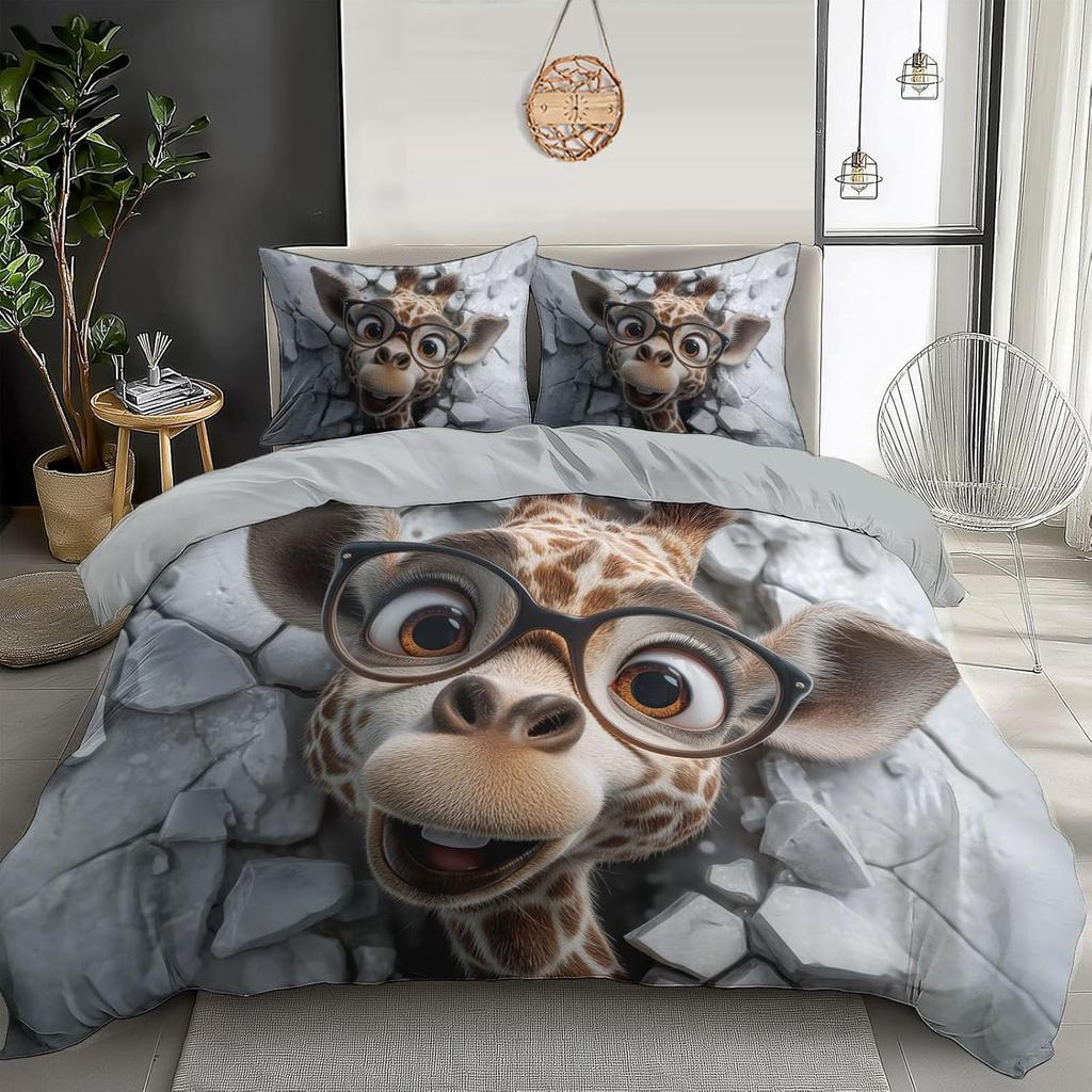Giraffe 3D-gedruckte Bettbezug-Bettwäsche-Set, Weiche Mikrofaser-Kissenbezüge, Versteckter Reißverschluss Wildtier-Steppdeckenbezüge Für Kinder Jugendliche