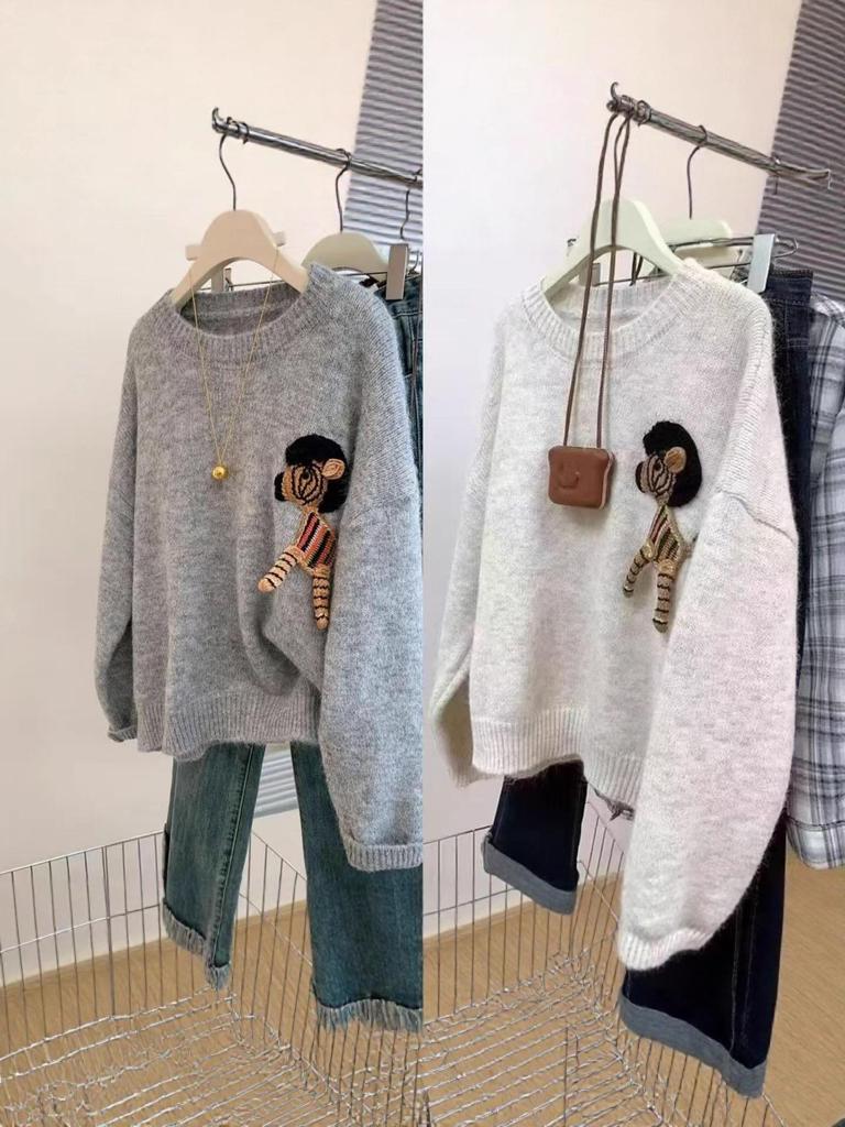 2025 Women's Retro Cartoon Pony Knit Sweater - Autumn/Winter, Round Neck, Loose Fit
