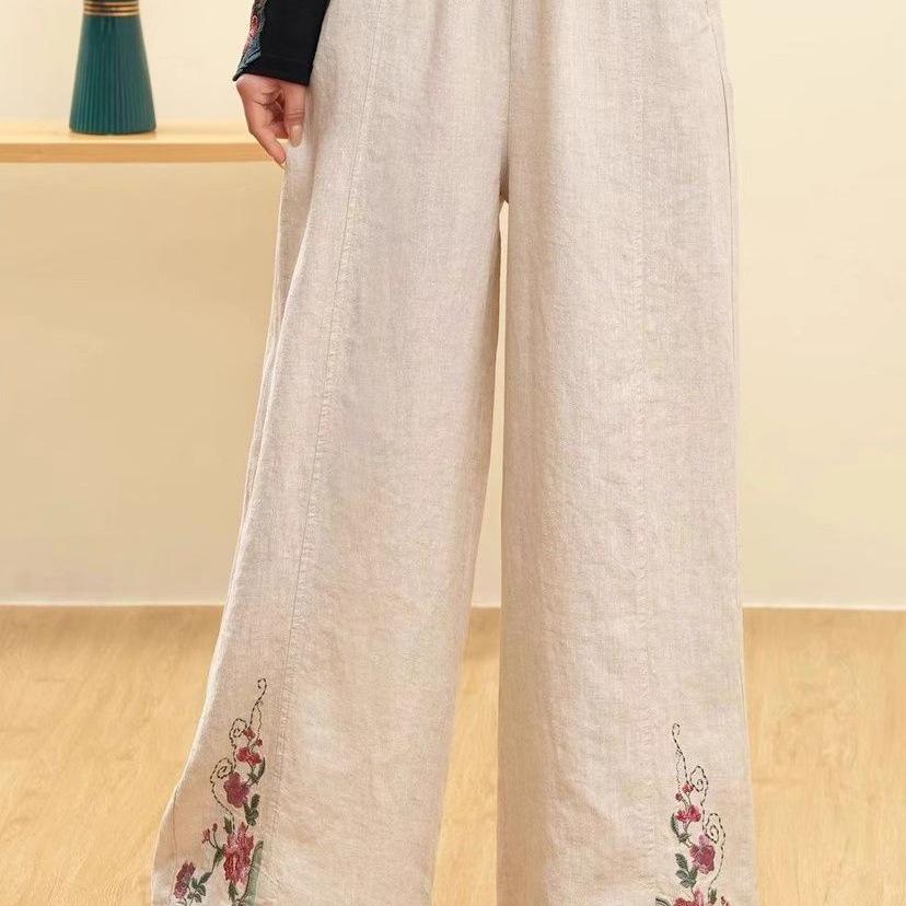 Women's Retro Embroidered Wide-Leg Cotton Linen Pants with Elastic Waist