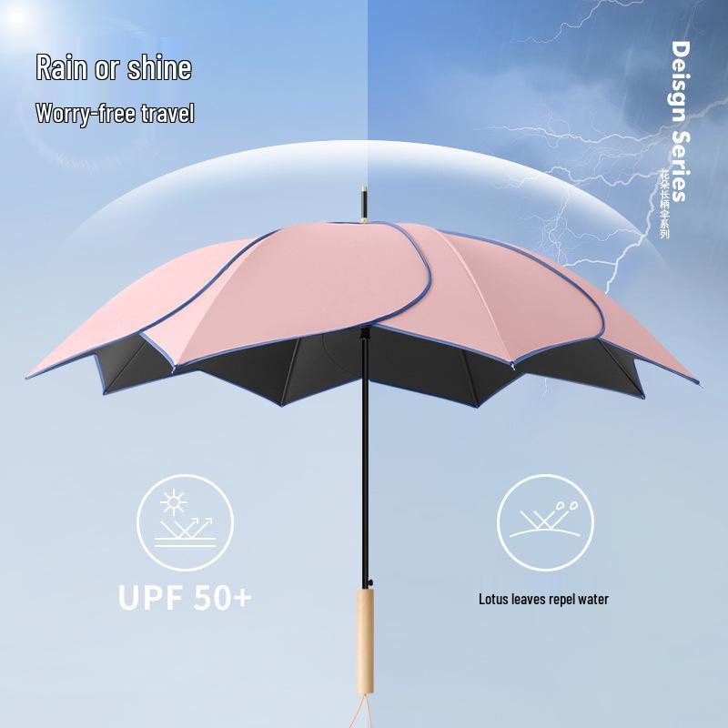 Long Handle Floral Umbrella, Dual-Use for Sun & Rain, UV Protective Black Rubber Shade for Women.