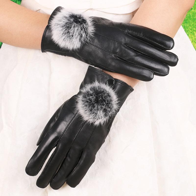 New spring and autumn women's sheepskin gloves rabbit fur ball leather velvet warm cold labor protection sheepskin gloves winter