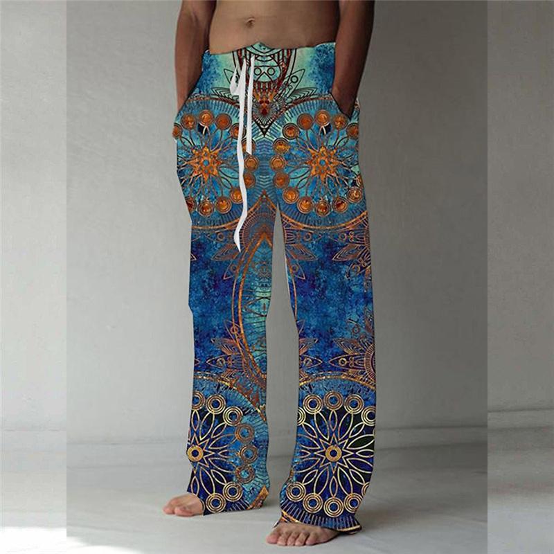Vintage 3D Digital Printing Loose Trousers Men Drawstring Waist Casual Linen Pants Fashion Streetwear Long Pant for Male