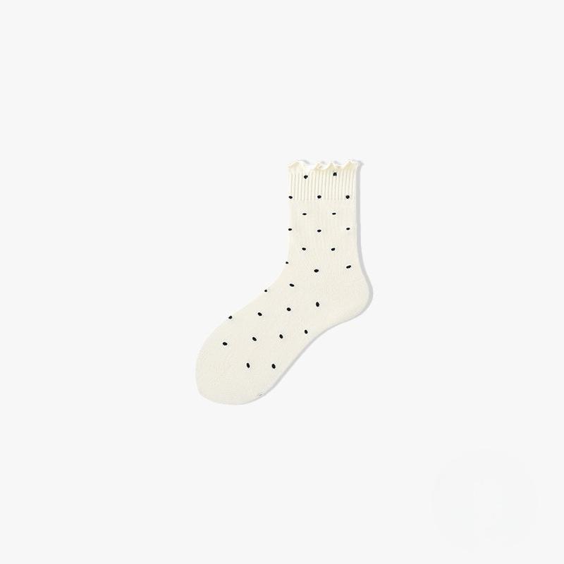 Female Autumn and Winter Solid Color Polka Dot Lace Medium Tube Pile Cotton Socks
