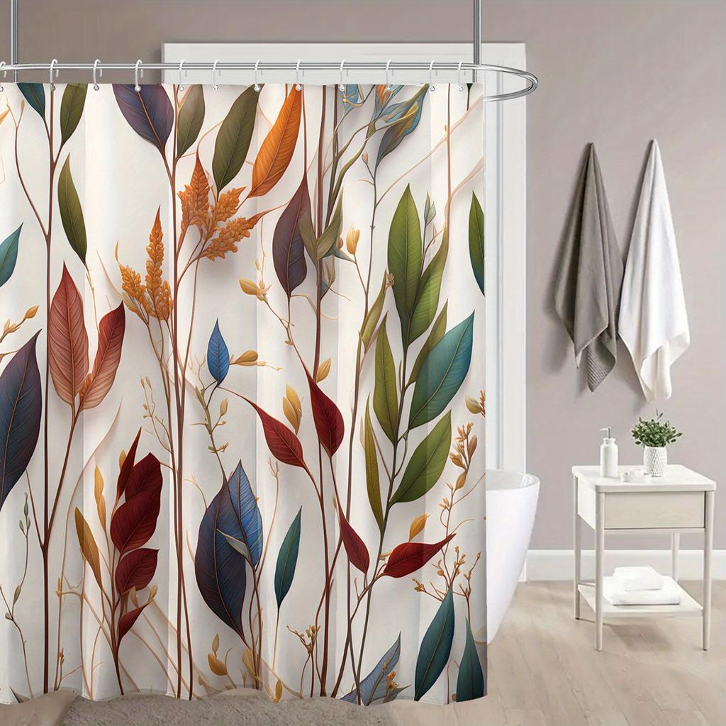 Waterproof Polyester Bath Curtain - Colorful Leaf Print, Machine Washable, Durable Plastic Hooks, Arts-themed, Water-resistant