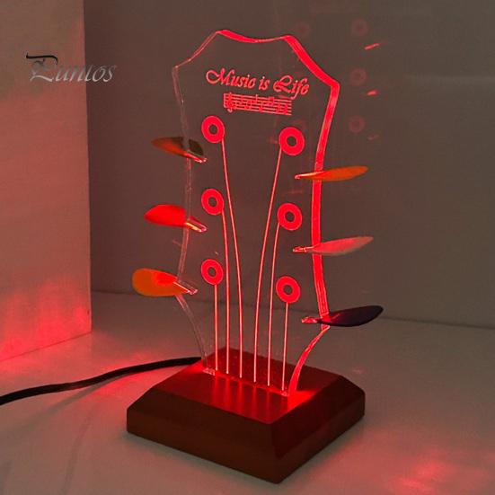 Light-up Guitar Pick Holder Acrylic Pick Holder with Wooden Base Electric Guitar Headstock Shape Pick Holder for Multiple Picks Storage And Display