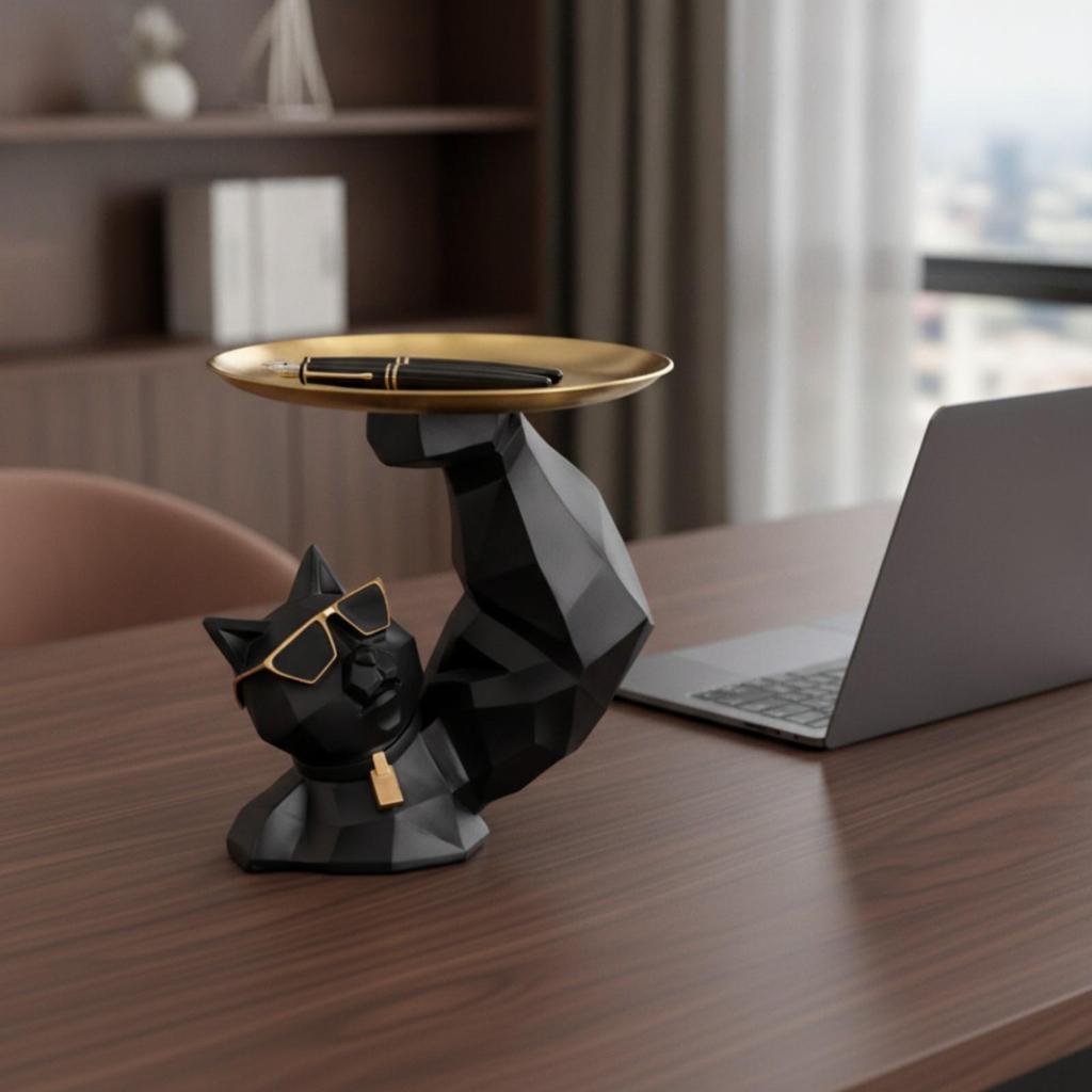 Cat Statue with Metal Tray Geometric Modern for Living Room