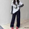 Unisex Wide-Leg Velvet Jeans with Cherry Embroidery for Girls - Loose Fit, Solid Color, Ideal for Middle and Older Children