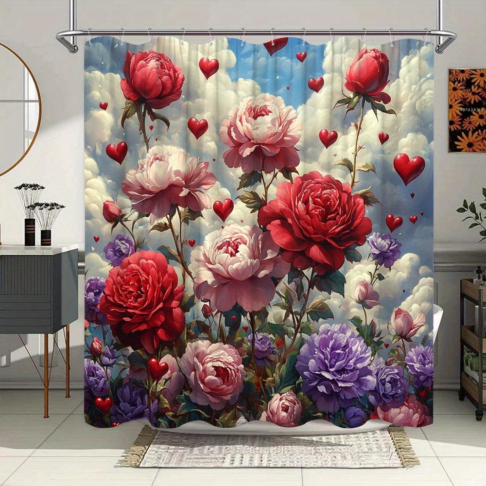 

Romantic Rose Garden Shower Curtain -Waterproof, Mildew-Resistant with Vibrant Flowers and Hearts for a Lush and Dreamy Bathroom W90XH180cm