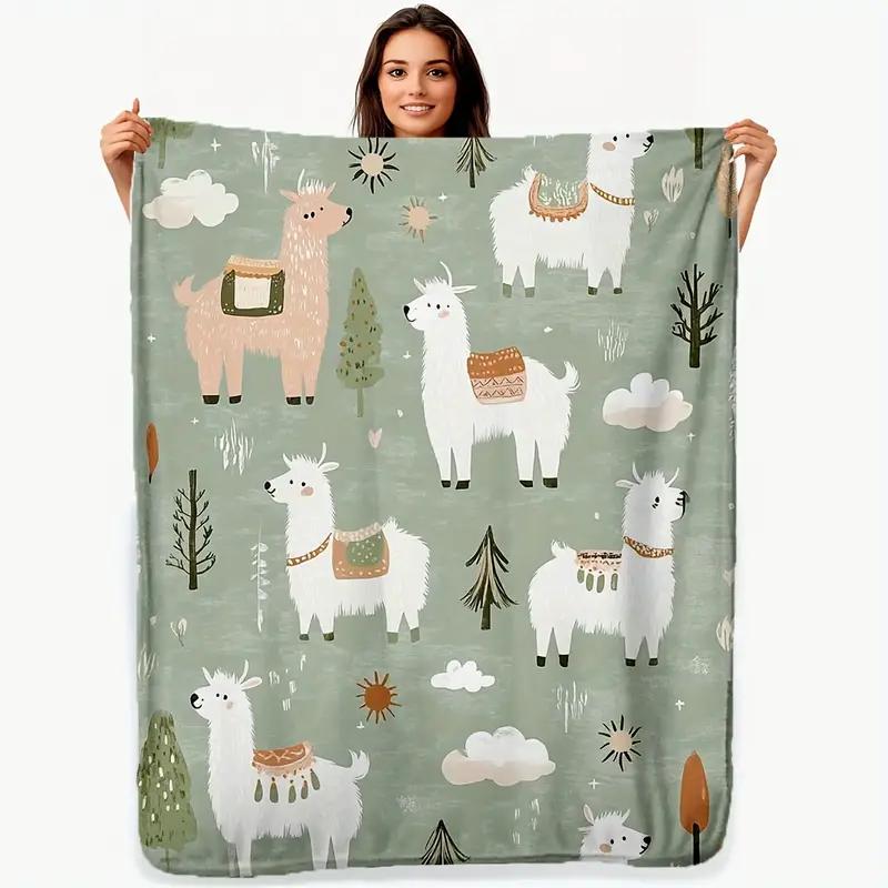 Alpaca and Cactus Pattern Flannel Blanket - Suitable for Sofa, Couch, Bed, Camping, Office - Halloween Christmas 130x150cm