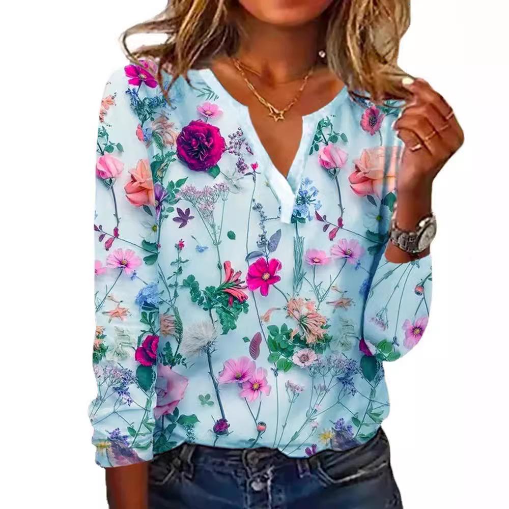 Sommer-T-Shirt mit V-Ausschnitt und langen Ärmeln für Damen