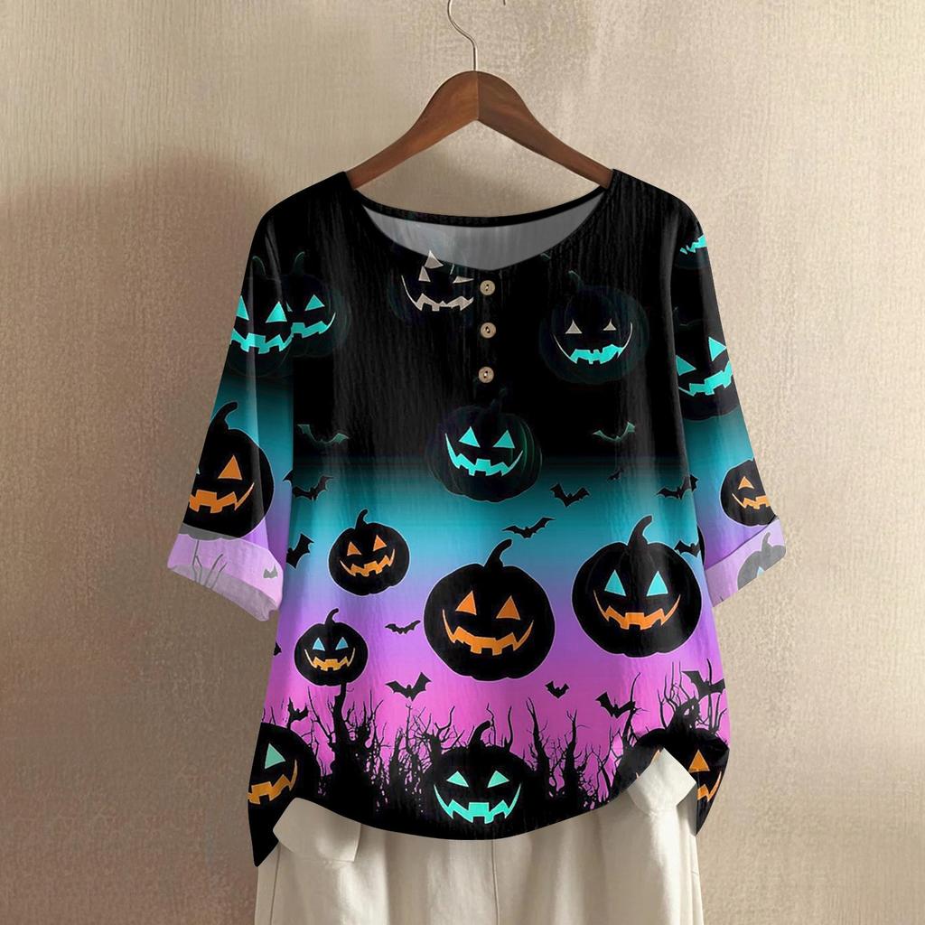 Camicia alla moda e casual da donna a maniche corte con scollo rotondo e stampa, blusa top in cotone e lino
