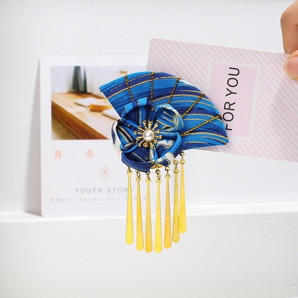 Elegant Kimono Hair Clip Traditional Sakura Flower Fan Shape Hairpin Cloth Metal Tassel Faux Pearl Decor Hair Clip