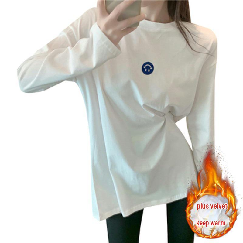 Women's Winter Velvet Layered Embroidered White Top - Korean Style Loose Fit