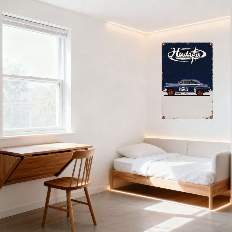Vintage Hudson Hornet Car Metal Tin Sign with Rusty Border, Retro American Automotive Design for Home Bar Man Cave Decor