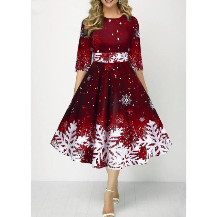 Vestido con estampado de copos de nieve navideños para mujer, estampado 3D, cintura alta, elegante vestido informal de media manga con cuello redondo, ropa festiva para las fiestas