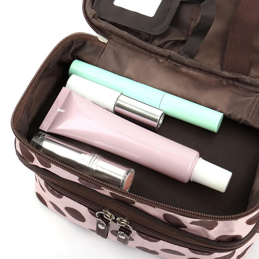 Double Layer Polka Dot Cosmetic Bag with Zippered Compartments and Handle for Travel and Storage Organizer
