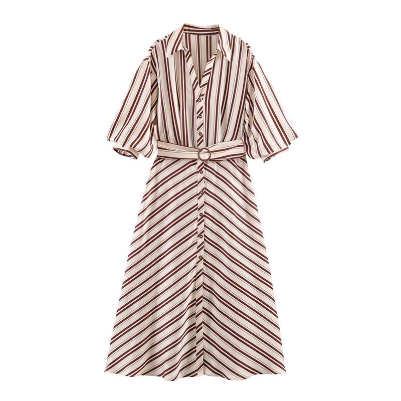 

2026 Spring European & American Striped Midi Dress with Belt – Women s Fashion Large