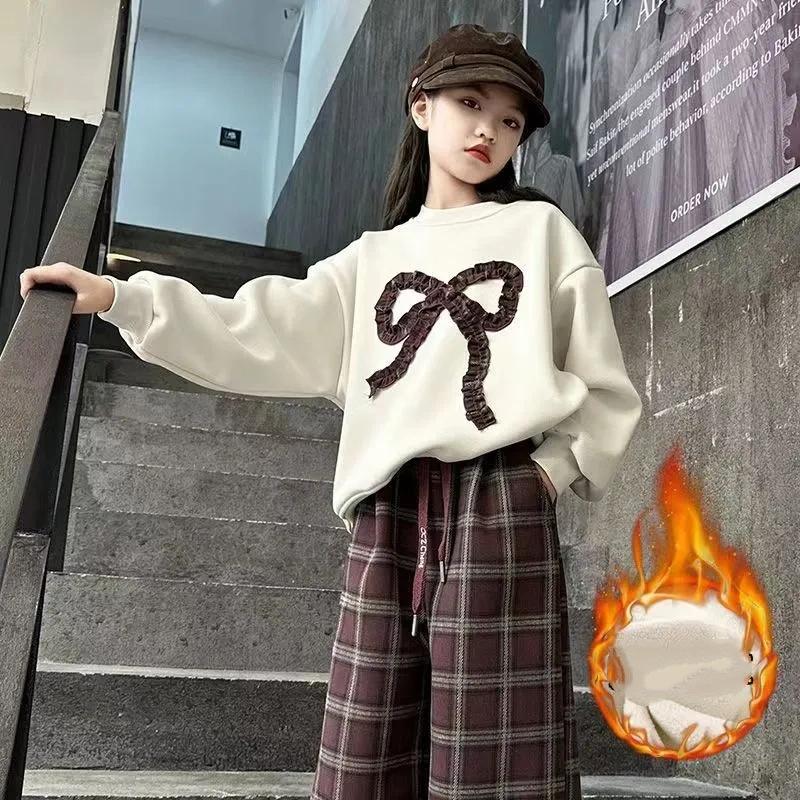 Dziewczęce garnitury jesienno-zimowe, duże dziecięce plus aksamitne pogrubione spodnie w kratę w stylu zachodnim, dwuczęściowy trend dziewczęcy
