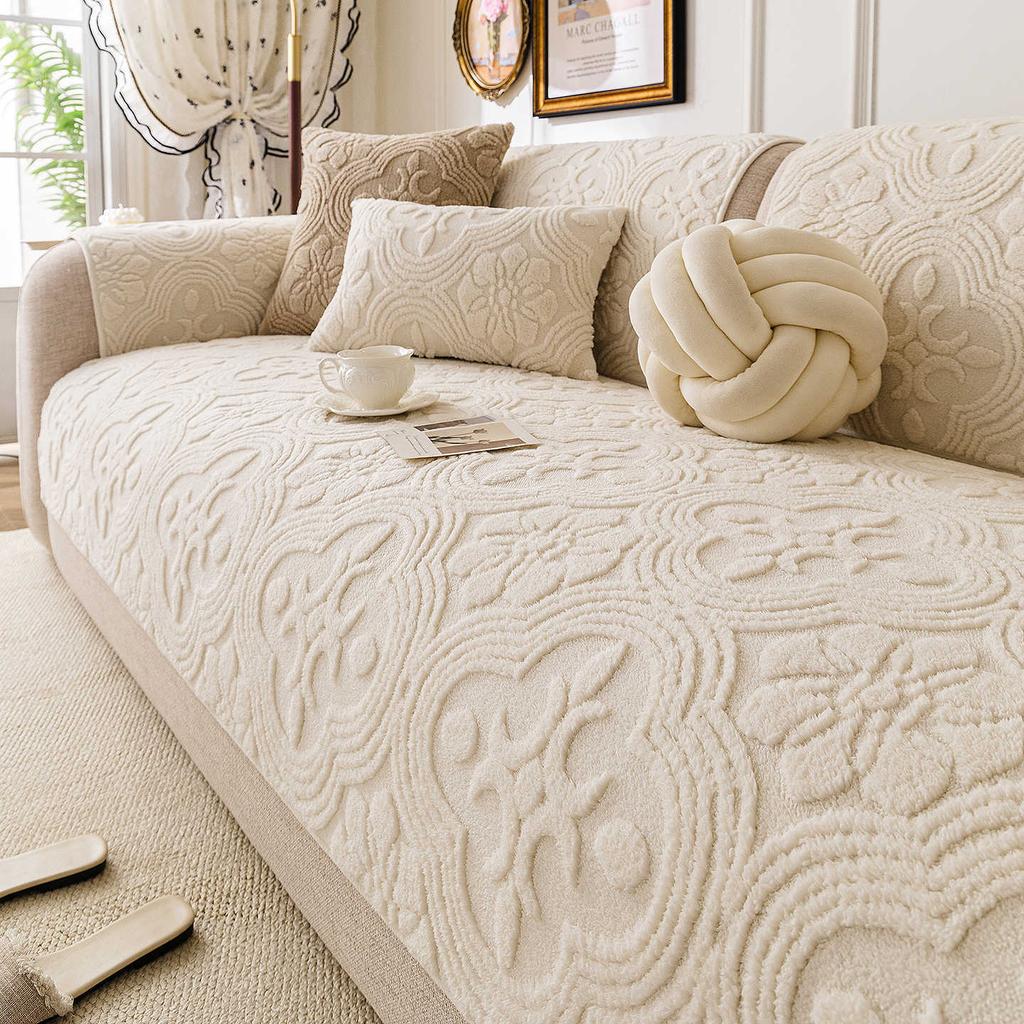 New Fixed Anti Slip Sofa Cover Fabric One-Piece Straight Row Seat Cushion Cream Wind Thickened Autumn And Winter Version