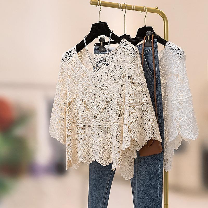 Elegante Blusa de Encaje de Punto Crochet para Mujer Vintage Calada Manga Tres Cuartos Camisas Casuales Sueltas Mujer Verano Ajustada Moda Blusas Tops 3412