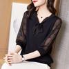 Blusen für Damen Frühling Sommer V-Ausschnitt Halbarmhemd Einfarbig Knopf Buchstabenaufdruck Schleife Locker Stilvoll Übergröße Oberteile