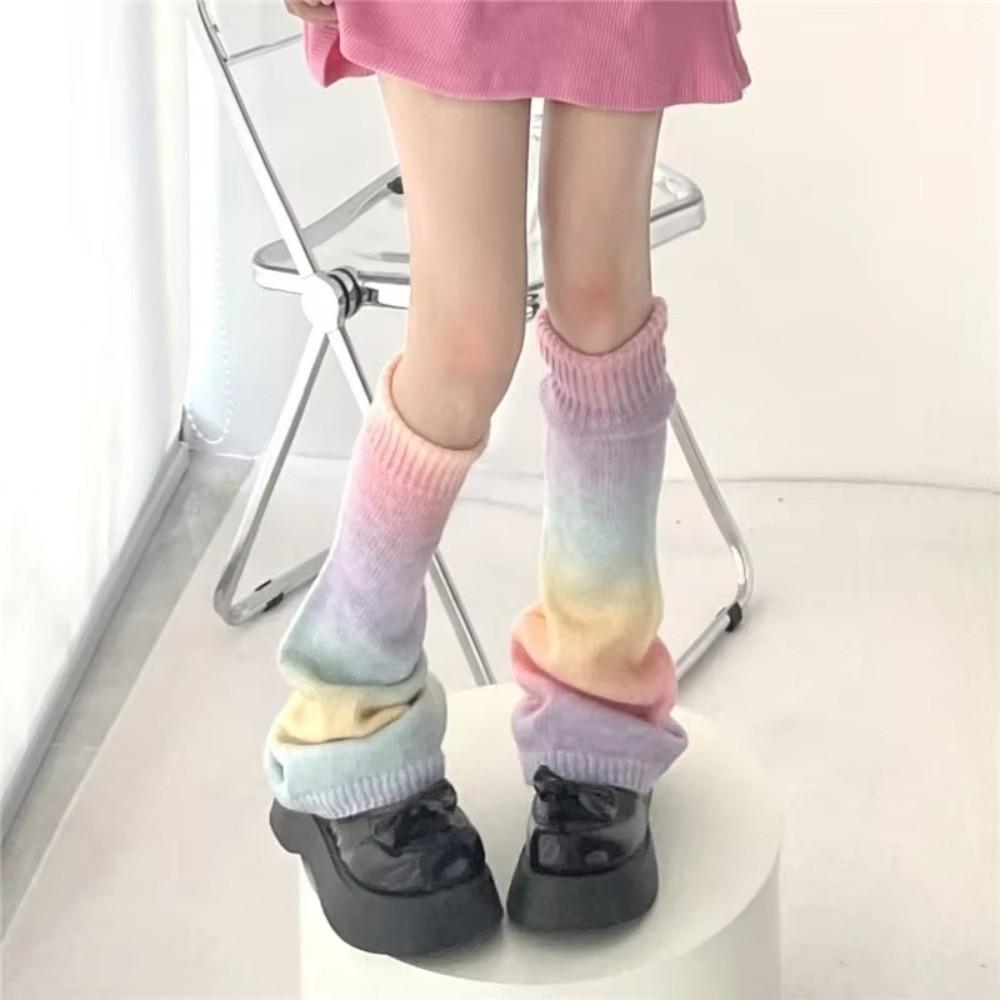1 pair Y2K Rainbow Gradient Color Leg Warmers Thickened Warm Knitting Socks Lengthened Leg Covers JK