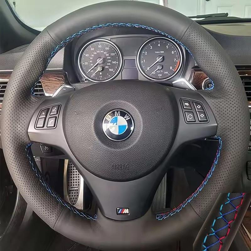 For BMW E81 E90 Pack M Sport M3 E91 E92 E93 E87 E82 E88 X1 E84 Full Black Leather Car Steering Wheel Braid Soft Leather Cover