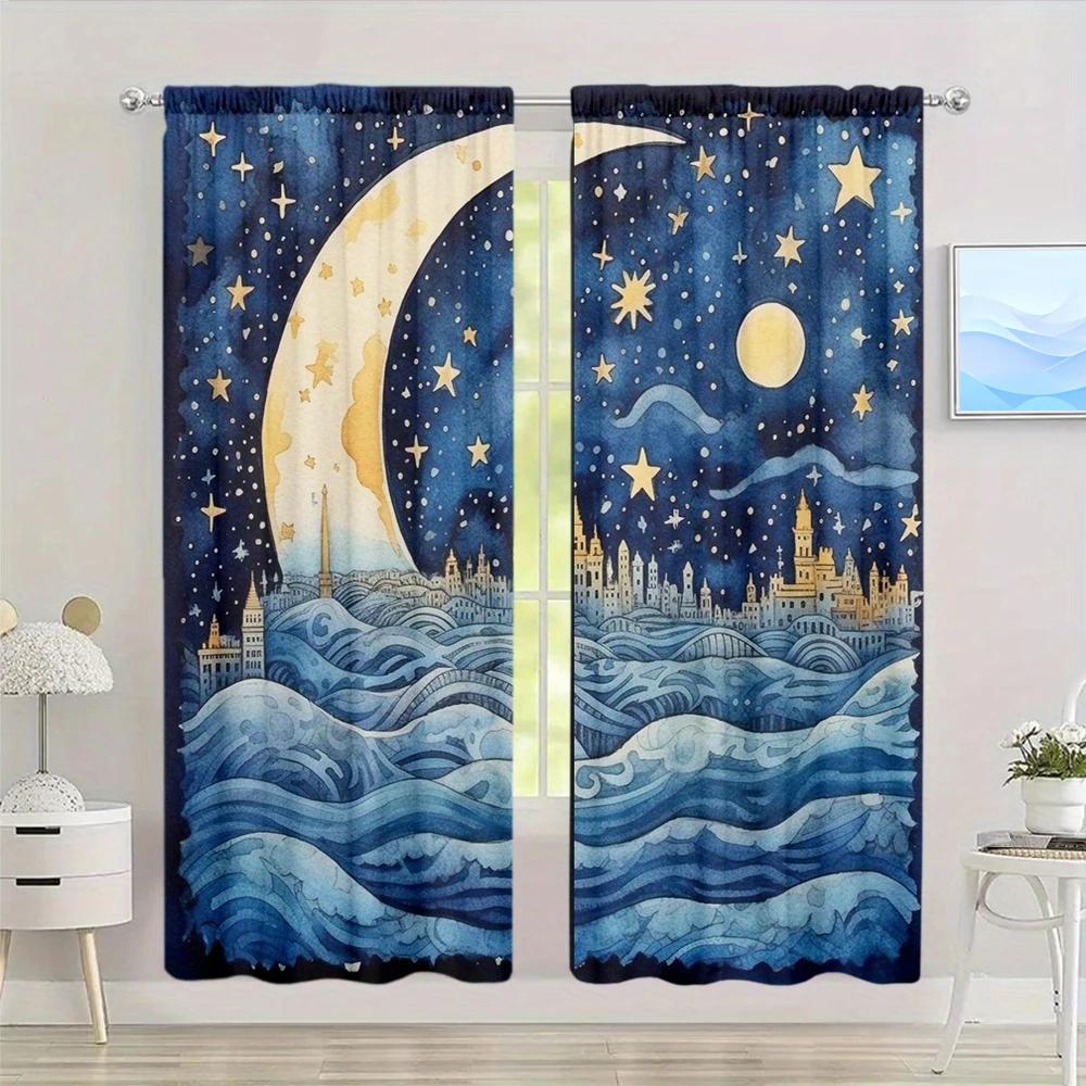 2 Stück Mondstil Bedruckter Vorhang für Heimdekoration - Stangentasche Fensterbehandlung für Schlafzimmer, Büro, Küche, Wohnzimmer und Arbeitszimmer
