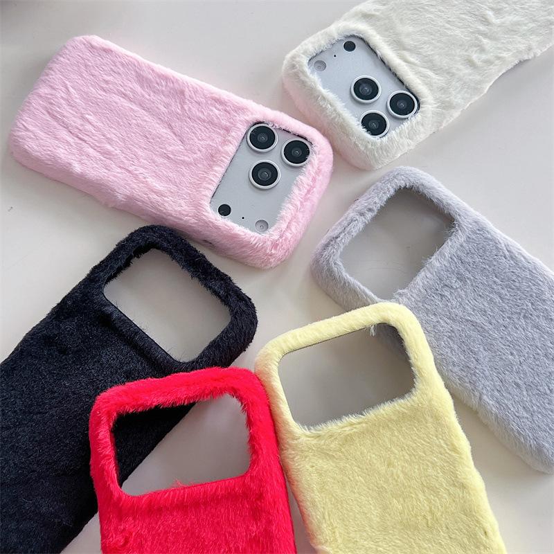 Winter Warm Solid Colors Furry Fluffy Plush Phone Case For iPhone 17 Air 16 15 14 13 Pro Max Shockproof Protective Cover