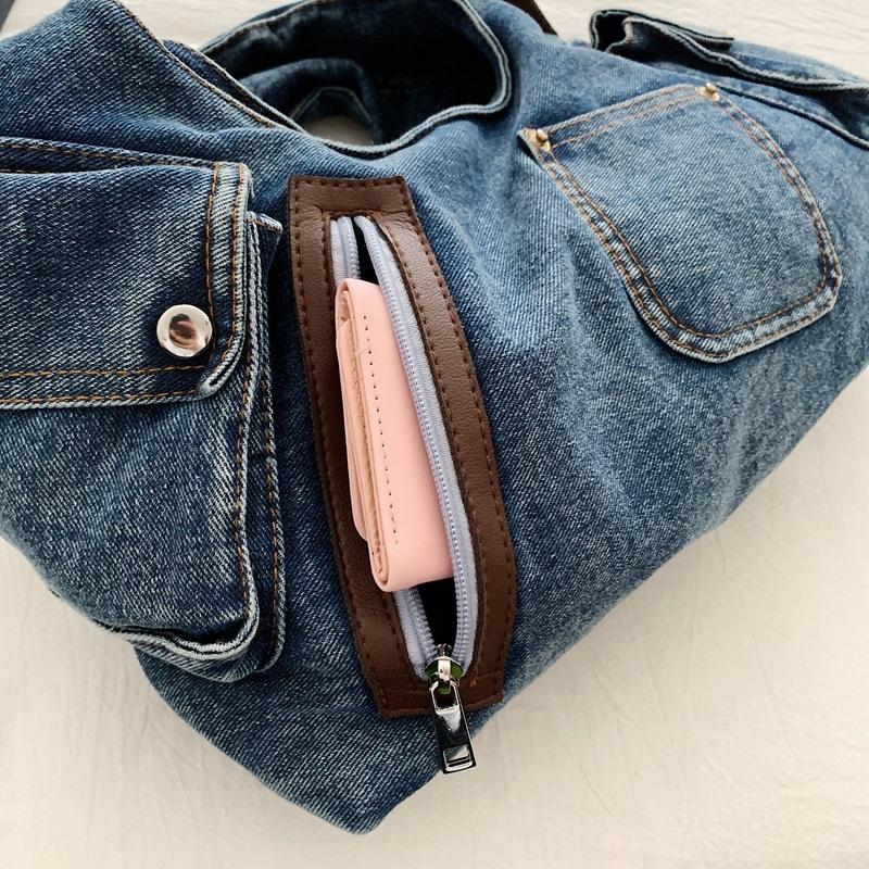 Washed Denim Slouchy Hobo Bag with Multi Pocket Design and Ruched Strap Casual Shoulder Purse for Women Daily Travel