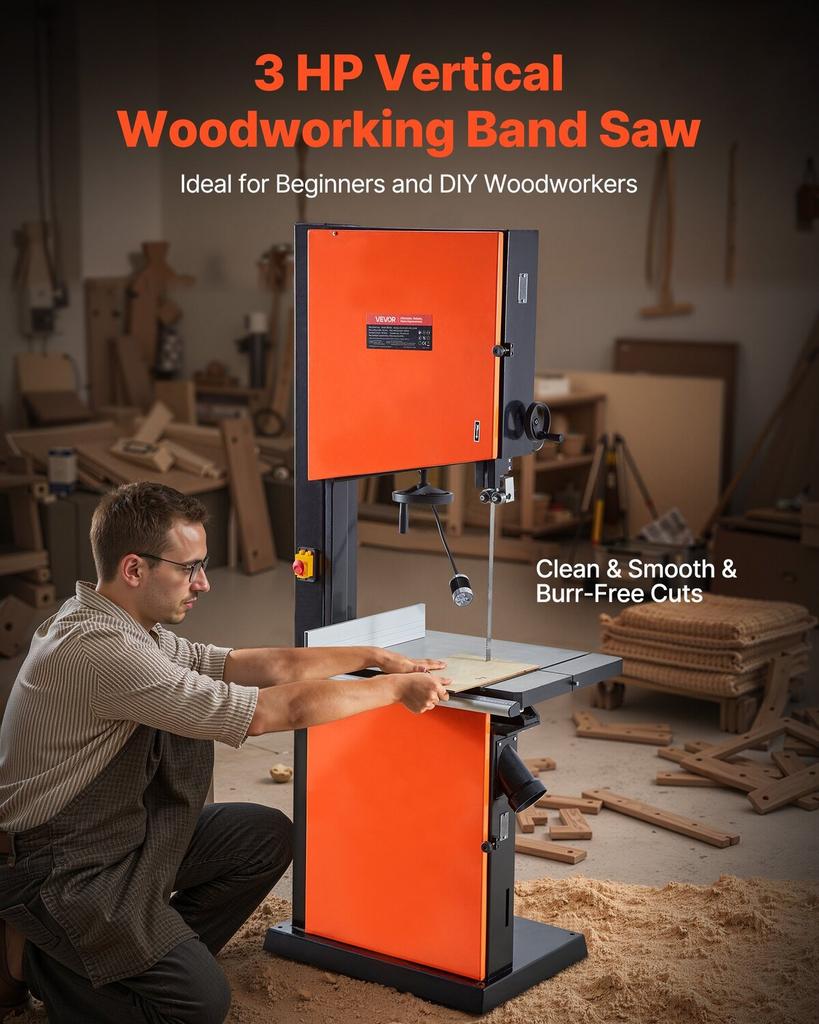 Holzbandsäge, 457 mm, Bandsäge mit 2240W 3PS Motor, 406 mm Maximale Schnitthöhe, 690 x 510 mm Gusseisentisch, mit 360° Arbeitslicht, Gehrung