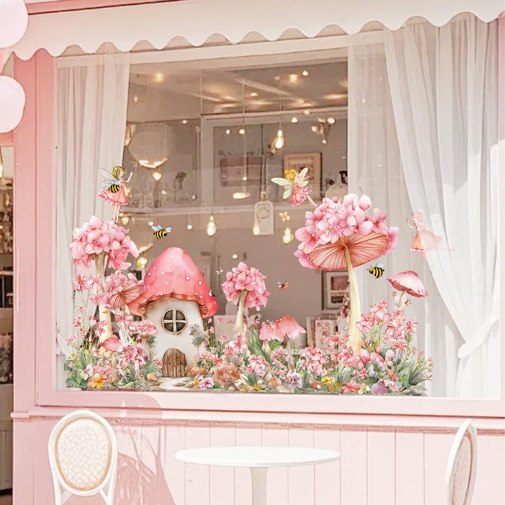 Static Cling Window Film Fairy Mushroom House with Girl In Flowers Double Sided View Decorative Window Sticker