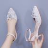 5cm Plus Size Sandals with Thin Pointed White Lace Rhinestone Wedding Shoes with Pearl Bridal Dress Shoe