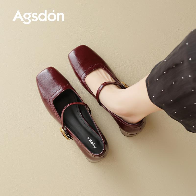 Augustine Red Mary Jane Single Shoes Women's 2025 New Autumn French Square Head Shallow Mouth Late Evening Wind Small Leather Shoes