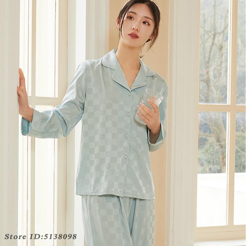 

Синий клетчатый пижамный комплект с длинными рукавами, свободная повседневная одежда для сна, весенняя тонкая домашняя одежда, женское сексуальное интимное белье, одежда для отдыха XL синий