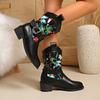 Women's Wide Width Floral Print Martin Boots, Vintage Color Block Ankle Boots, Retro Fashion Lace-Up Booties for Women