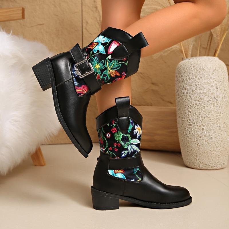 Women's Wide Width Floral Print Martin Boots, Vintage Color Block Ankle Boots, Retro Fashion Lace-Up Booties for Women