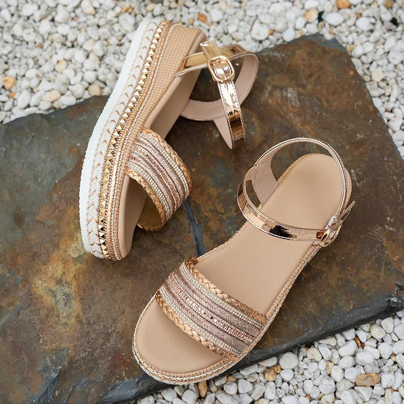 Fashion Women's Shoes Platform Wedgs Sandals Women Summer Woven Rivets Thick Bottom Sandles Woman Fashion Crystal Ankle Buckle Sandalias