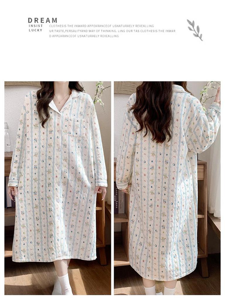 Umstandspajamakleid aus Luftbaumwolle für Herbst/Winter - Übergröße für pränatale, Krankenhaus- und postpartale/Stillzeit-Nutzung