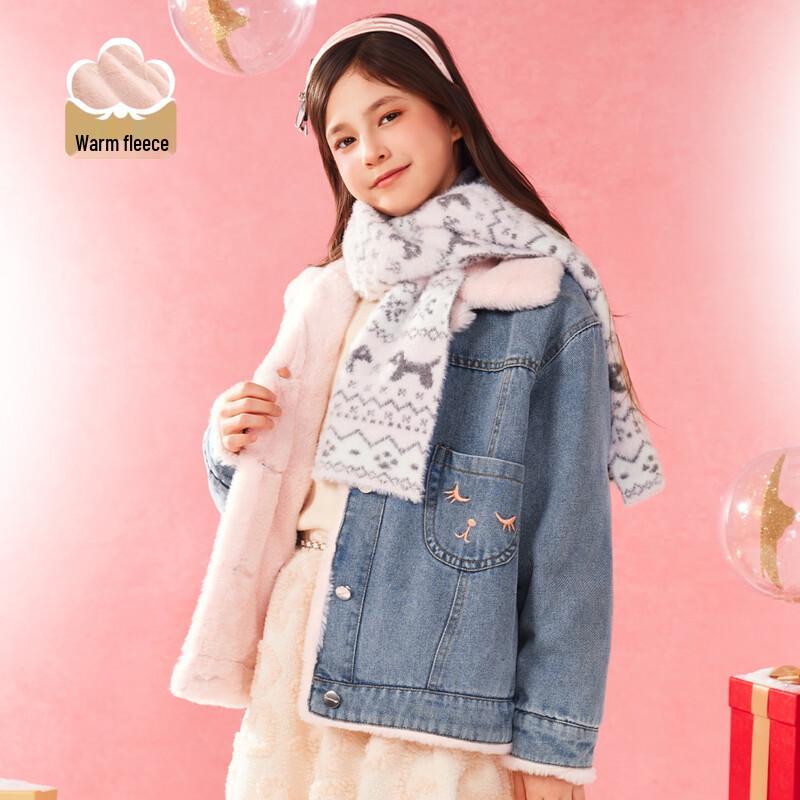 Girl's Fleece-Lined Denim Jacket with Rabbit Design